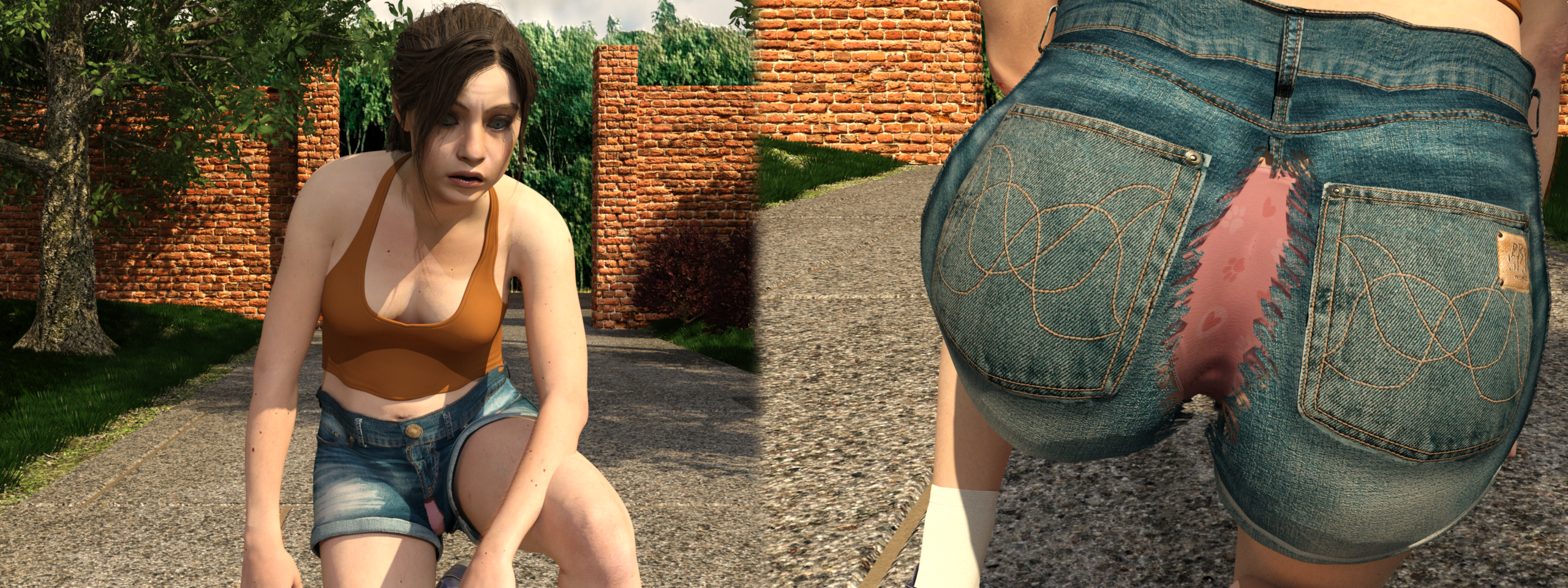 Claire splits her denim shorts