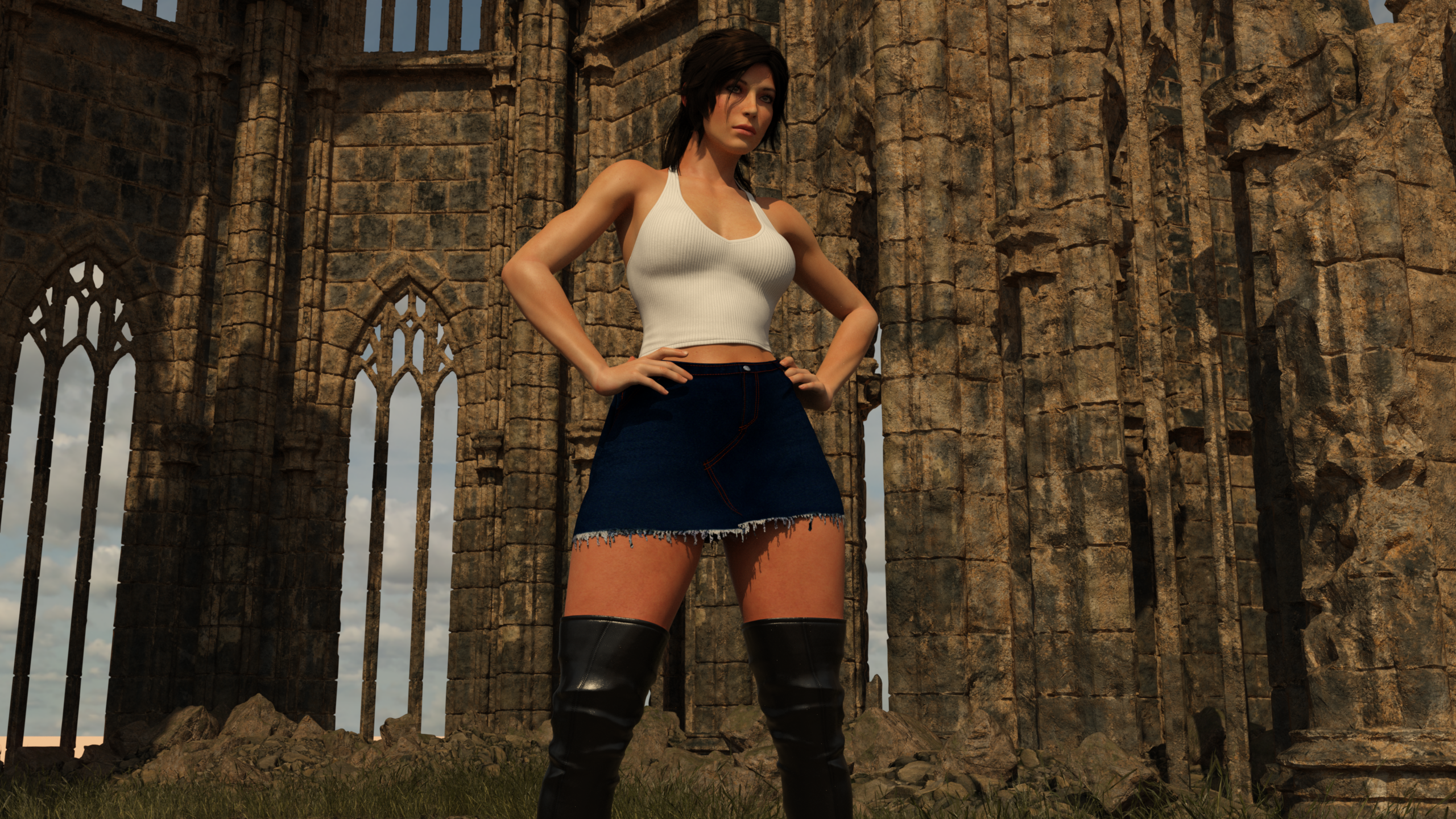 Lara in a denim miniskirt